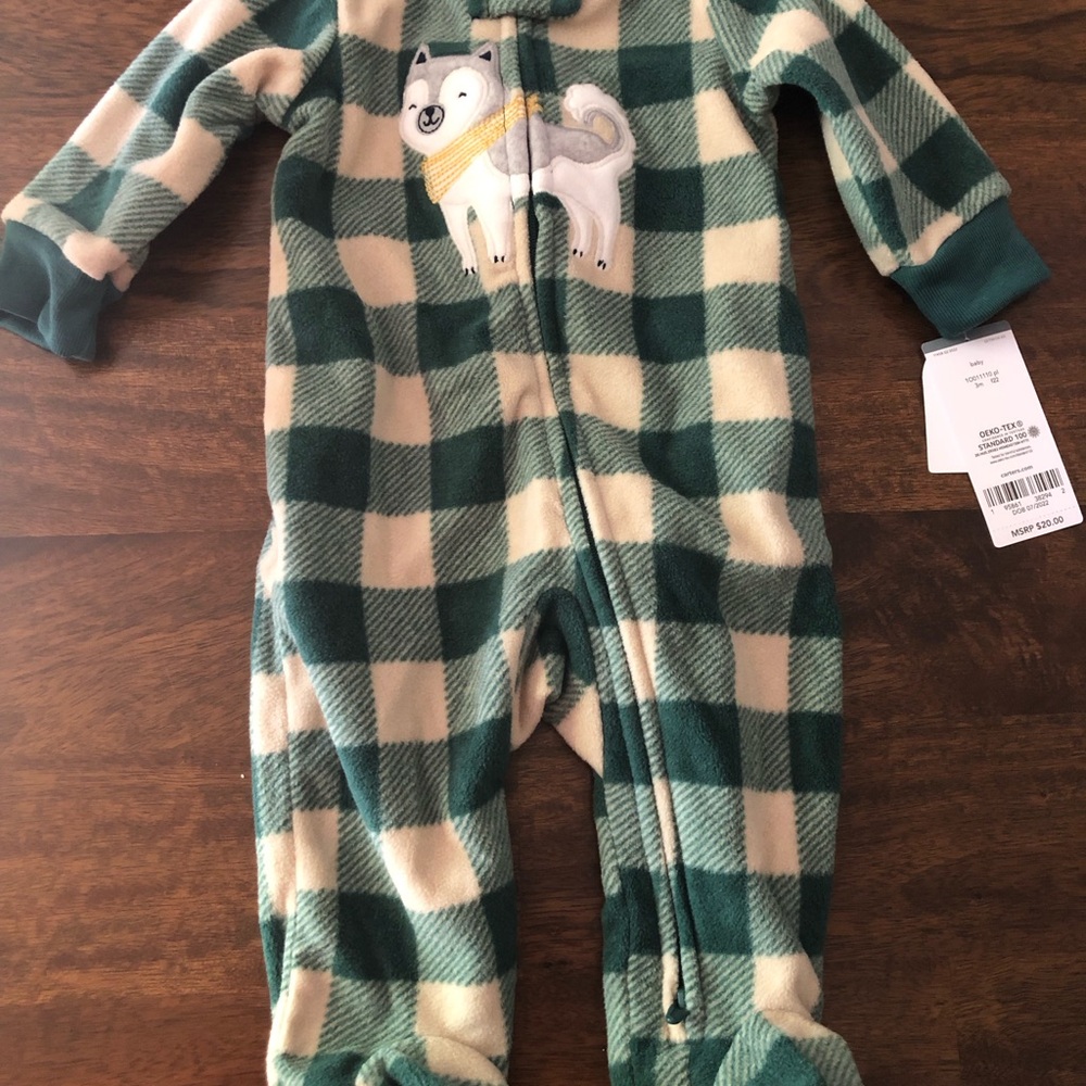 Carter's Green and Cream Plaid Footie with Dog Applique